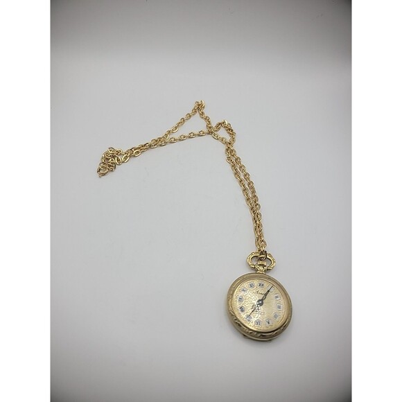 Vintage Arnex Watch Necklace Gold Tone Chain Incabloc Roman Numerals Hand Wound - Picture 11 of 11